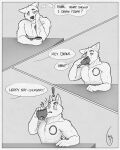  4:5 anthro beverage canid canine canis coffee comic hi_res male mammal masterokami monochrome mug muscular muscular_male okami_(masterokami) sitting solo surprise surprised_expression wolf 