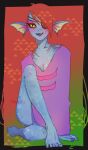  5_toes animal_humanoid blue_body blue_skin bottomless breasts cleavage clothed clothing eye_patch eyewear feet female fin fish fish_humanoid hair humanoid marine marine_humanoid pipitasout pupils red_hair scales sitting slit_pupils solo sweater toes topwear topwear_only undertale_(series) undyne yellow_sclera 
