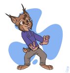  2021 animated anthro barefoot blue_background bottomwear brown_body brown_fur clothed clothing dancing feet felid feline fully_clothed fur hoodie lynx male mammal marc_(theblueberrycarrots) pants pawpads pink_pawpads short_playtime signature simple_background solo standing theblueberrycarrots topwear white_background 