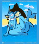  2021 absurd_res anthro anthrofied beach big_breasts blue_body blush bodily_fluids breasts digital_media_(artwork) ear_frill eeveelution exhibitionism feet female frill_(anatomy) genital_fluids genitals hi_res looking_at_viewer lunaris_parukia navel neck_frill nintendo nipples nude open_mouth outside partially_submerged pok&eacute;mon pok&eacute;mon_(species) pok&eacute;morph public public_nudity purple_eyes pussy pussy_juice seaside solo spread_legs spreading text url vaporeon video_games white_neck_frill 