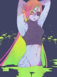  animal_humanoid bottomless clothed clothing crop_top eye_patch eyewear female fin fish fish_humanoid hair hi_res humanoid looking_at_viewer marine marine_humanoid navel partially_submerged pipitasout pupils raised_arms red_hair scales shirt slit_pupils solo topwear topwear_only undertale_(series) undyne yellow_sclera 