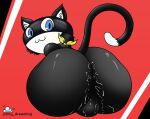  anthro atlus balls bandanna black_body black_fur blue_eyes bodily_fluids butt colored domestic_cat felid feline felis fluffy_ears fur genitals kerchief looking_at_viewer looking_back male mammal megami_tensei megami_tensei_persona morgana_(persona) pony_dreaming raised_tail shaded simple_background smile smiling_at_viewer solo sweat sweaty_balls sweaty_butt sweaty_genitalia thick_thighs video_games white_body white_fur yellow_bandanna yellow_kerchief 
