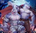  2021 abs absurd_res anthro bandage biceps blue_eyes bottomwear bulge canid canine canis cape chain chiropteran claws clothing fangs finger_claws full_moon fur grey_body grey_fur halloween hi_res holidays league_of_legends male mammal moon mostly_nude multiple_poses mummy_costume muscular muscular_anthro muscular_male night nipples open_mouth outside pants pecs physen pose pubes quads riot_games scar sharp_teeth standing teeth tongue tongue_out triceps video_games warwick_(lol) were werecanid werecanine werewolf wolf yellow_eyes 