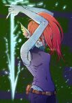  animal_humanoid belt blue_body blue_skin bottomwear clothing denim denim_clothing eye_patch eyewear female fin fish fish_humanoid hair hi_res humanoid jeans marine marine_humanoid melee_weapon pants pipitasout polearm pupils red_hair scales shirt slit_pupils solo spear topwear undertale_(series) undyne weapon yellow_sclera 