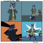  1:1 5_fingers anthro avian bird black_nose bottomwear brown_eyes canid canine clothing coat comic dialogue dipstick_ears dipstick_tail duo english_text fingers fox fur grey_body grey_fur hi_res male mammal markings multicolored_body multicolored_ears multicolored_fur nude owl shorts simple_background standing starrffax starrffax_(fox_sona) tail_markings text topwear two_tone_body two_tone_fur walking 