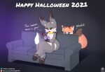  ! 2021 ambiguous_gender anthro candy candy_bowl chest_tuft dessert devil_horns_(disambiguation) duo english_text fluffy fluffy_tail food fur furniture grey_body grey_fur halloween hi_res holiday_message holidays inner_ear_fluff iradeon logo long_ears nia_(senz) orange_body orange_fur patreon patreon_logo patreon_username pawpads sean_(senz) senz sofa text tuft twitter twitter_logo url 