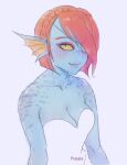  animal_humanoid blue_body blue_skin blush breasts cleavage clothed clothing dress female fin fish fish_humanoid hair humanoid looking_at_viewer marine marine_humanoid pipitasout pupils red_hair scales simple_background slit_pupils smile solo undertale_(series) undyne white_background yellow_sclera 