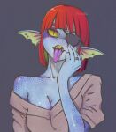  animal_humanoid blue_body blue_skin breasts cleavage clothed clothing eye_patch eyewear female fin fish fish_humanoid hair humanoid marine marine_humanoid piercing pipitasout pupils red_hair ring scales sharp_teeth shirt slit_pupils solo teeth tongue tongue_out topwear undertale_(series) undyne yellow_sclera 