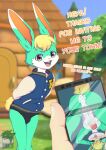  animal_crossing animal_crossing_pocket_camp anthro ass_up balls blonde_hair blue_body blue_fur blush bodily_fluids bottomwear bulge butt clothed clothing cum cum_in_ass cum_inside dialogue digital_media_(artwork) ejaculation english_text flirting foreskin fur genital_fluids genitals girly green_body green_fur hair hands_behind_back humanoid_genitalia humanoid_penis jacket kemono lagomorph leporid long_ears looking_at_viewer male mammal nintendo nipples nude open_mouth penis phone presenting presenting_hindquarters presenting_penis rabbit sasha_(animal_crossing) shiratzu smile snapchat solo spread_legs spreading standing text tongue tongue_out topwear varsity_jacket video_games white_body white_fur yellow_tail 