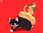  absurd_res anthro ass_to_ass atlus big_butt black_body black_fur blue_eyes brown_body brown_fur butt butt_jiggle capcom duo felid feline felyne fur hi_res jiggle looking_back lynian male male/male mammal megami_tensei megami_tensei_persona monster_hunter morgana_(persona) multicolored_body multicolored_fur navirou palico savourysausages short_stack simple_background smile tan_body tan_fur thick_thighs two_tone_body two_tone_fur video_games white_body white_fur 