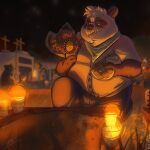  2021 anthro belly bottomwear candle canid canine canis clothing day_of_the_dead detailed_background domestic_dog giant_panda graveyard group hi_res humanoid_hands male mammal night outside overweight overweight_male pants sad shirt smollsaid solo_focus topwear ursid 
