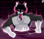  2021 abs absurd_res anthro aura biceps black_hair black_sclera bodily_fluids canid canine canis chest_tuft demon digital_drawing_(artwork) digital_media_(artwork) fangs fur fur_tuft grey_body grey_fur hair hi_res horn lobo_(lobokosmico) lobokosmico long_tongue looking_at_viewer magic magic_circle male mammal muscular muscular_anthro muscular_male nude open_mouth pecs pentagram pink_horn portal purple_eyes saliva saliva_on_tongue simple_background smile solo summon summoning_circle tongue tongue_out tuft tufted_ears vein white_body white_fur wolf writings 