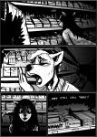  2021 anthro canid canine canis carol_(hladilnik) comic convenience_store daniel_(hladilnik) domestic_dog duo english_text female ghost greyscale happy hi_res hladilnik male mammal monochrome open_mouth spirit text tired twinkies wolf yawn 