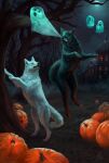  2021 black_body black_fur canid canine canis captured digital_media_(artwork) feral food fruit fur ghost halloween hi_res holidays mammal moon night open_mouth outside plant pumpkin sky spirit teeth tongue white_body white_fur wolf wolnir 