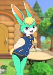  animal_crossing animal_crossing_pocket_camp anthro blonde_hair blue_body blue_fur blush bottomwear bulge butt clothed clothing digital_media_(artwork) fur green_body green_fur hair hands_behind_back jacket kemono lagomorph leporid long_ears looking_at_viewer male mammal nintendo nude open_mouth rabbit sasha_(animal_crossing) shiratzu smile solo standing topwear varsity_jacket video_games white_body white_fur yellow_tail 