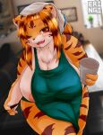  anthro apron areola areola_slip big_breasts blush breasts clothed clothing container cup eringi felid female fur green_apron hair hi_res i_mean_breast_milk looking_at_viewer mammal meme pantherine solo stripes tiger 