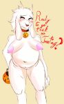  anthro big_breasts bovid breasts caprine collar collar_only exhibitionism female fur genitals goat halloween hi_res holidays mammal mature_female nude pinkeyesoda pussy solo text toriel trick_or_treat undertale undertale_(series) video_games 