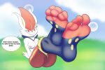  3:2 3_toes absurd_res anthro barefoot butt cinderace crossed_ankles crossed_feet detectivebubble dialogue english_text feet female foot_focus hi_res hindpaw nintendo nipples nude paws pok&eacute;mon pok&eacute;mon_(species) presenting soles solo text toes video_games 