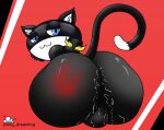  anthro atlus balls bandanna black_body black_fur blue_eyes bodily_fluids butt colored domestic_cat felid feline felis fluffy_ears fur genitals kerchief looking_at_viewer looking_back looking_pleasured male mammal megami_tensei megami_tensei_persona morgana_(persona) pony_dreaming raised_tail shaded simple_background smile smiling_at_viewer solo spank_marks spanked_butt spanking sweat sweaty_balls sweaty_butt sweaty_genitalia thick_thighs video_games white_body white_fur yellow_bandanna yellow_kerchief 