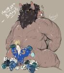  2021 anthro belly blush butt candle flower male mammal moobs overweight overweight_male plant pure_command simple_background sitting solo suid suina sus_(pig) text tongue tongue_out wild_boar 