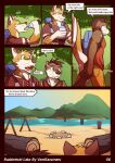  anthro backpack beach blue_eyes bottomwear brown_body brown_fur brown_hair brown_nose canid canine canis clothing comic dialogue domestic_dog duo english_text firepit fur green_eyes hair hi_res hill hoodie howell_(ventkazemaru) lake log lutrine male male/male mammal multicolored_body multicolored_fur mustelid oliver_(ventkazemaru) open_mouth pink_tongue plant post sand seaside shiba_inu shirt shorts shrub sound_effects spitz tank_top teeth text tongue topwear two_tone_body two_tone_fur ventkazemaru water water_bottle whiskers white_body white_fur wood 