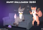  ! 2021 ambiguous_gender angry anthro bell bell_collar blush candy candy_bowl chest_tuft collar dessert devil_horns_(disambiguation) duo english_text fluffy fluffy_tail food fur furniture grey_body grey_fur halloween hi_res holiday_message holidays inner_ear_fluff iradeon logo long_ears nia_(senz) orange_body orange_fur patreon patreon_logo patreon_username pawpads sean_(senz) senz sofa text tuft twitter twitter_logo url yellow_collar 