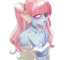  animal_humanoid bangs blue_body blue_skin blush breasts choker cleavage clothed clothing crop_top female fin fish fish_humanoid hair hi_res humanoid jacket jewelry looking_at_viewer marine marine_humanoid navel necklace one_eye_closed piercing pigtails pipitasout pupils red_hair scales shirt slit_pupils solo topwear undertale_(series) undyne 