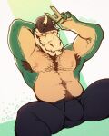  anthro armpit_hair body_hair bottomwear bulge chest_hair clothed clothing crocodile crocodilian crocodylid gesture green_body hat headgear headwear hi_res horn male nipples pants reptile scalie solo topless v_sign xeoniios 