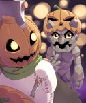  absurd_res bandai_namco cape chibi clothing digimon digimon_(species) digimon_ghost_game duo elemental_creature glowing glowing_eyes gotsumon halloween happy hase_popopo hi_res holidays humanoid jack-o&#039;-lantern knife male mineral_fauna pumpkinmon rock rock_creature smile 