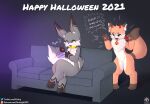  ! 2021 ambiguous_gender anthro bell bell_collar candy candy_bowl chest_tuft collar dessert devil_horns_(disambiguation) duo english_text fluffy fluffy_tail food fur furniture grey_body grey_fur halloween hi_res holiday_message holidays inner_ear_fluff iradeon logo long_ears nia_(senz) orange_body orange_fur patreon patreon_logo patreon_username pawpads sean_(senz) senz sofa surprised_expression text tuft twitter twitter_logo url 