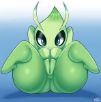  absurd_res anthro big_breasts big_butt blue_background breasts butt celebi cleavage clothed clothing elemental_creature female flora_fauna genitals green_body hi_res huge_butt legendary_pok&eacute;mon lying mehdrawings nintendo on_back plant pok&eacute;mon pok&eacute;mon_(species) pussy short_stack simple_background solo spread_legs spreading thick_thighs video_games 