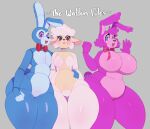  2021 5_fingers animatronic anthro banny_(twf) belly big_breasts black_eyes black_nose blue_body blue_eyes bon_(twf) bovid bow_tie breasts caprine cheek_tuft curvy_figure english_text facial_tuft featureless_breasts female fingers girly grey_background group hi_res huge_breasts lagomorph leporid long_ears machine male mammal multicolored_body nude pink_body purple_eyes rabbit robot sha_(twf) sheep short_tail signature simple_background slightly_chubby tan_body text the_walten_files thick_thighs tingtongten tongue tongue_out trio tuft two_tone_body voluptuous white_body 