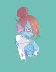  animal_humanoid blue_body blue_skin breasts cleavage clothed clothing eye_patch eyewear female fin fish fish_humanoid hair hair_over_eye hi_res humanoid marine marine_humanoid one_eye_obstructed pipitasout red_hair scales scarf simple_background solo tongue tongue_out undertale_(series) undyne 