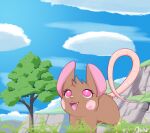  absurd_res big_ears blue_sky brown_body brown_fur cloud detailed_background female feral field fur grass hi_res hill long_tail looking_up mammal milachu milachu92 mouse murid murine open_mouth outside pink_eyes plant rodent signature sky solo standing tree wood_mouse 