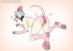  all_fours anthro anus blue_eyes blue_hair blue_nails blush canid canine canis carnecalary collar colored_nails domestic_dog ears_back female fur genitals hair hi_res mammal nails pawpads pink_body pink_fur pivoted_ears pussy raised_leg raised_tail selia solo 