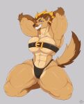  2021 abs anthro belt biceps big_breasts blonde_hair bodily_fluids breasts brown_body brown_fur brown_hair chest_tuft cleavage clothed clothing dog_knight_rpg ear_piercing ear_ring elbow_tuft eyebrows female fur grey_background grin hair hands_behind_head hi_res highlights_(coloring) hyaenid mammal mehdrawings midriff mohawk muscular muscular_female navel piercing rebell_(ceehaz) sharp_teeth signature simple_background smile solo spotted_hyena sweat teeth thick_eyebrows thick_thighs thong tuft under_boob underwear wide_hips yellow_eyes 