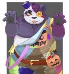  2021 9dtq0 absurd_res alp_(tas) anthro belly black_nose blush candy clothing dessert eye_patch eyewear food giant_panda halloween halloween_costume hi_res holidays humanoid_hands kemono lifewonders male mammal moobs nipples overalls overweight overweight_male purple_body simple_background solo tokyo_afterschool_summoners tongue tongue_out ursid video_games white_body 