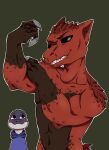  absurd_res anthro athletic athletic_male bal_shaloc biceps black_eyes claws clothing destiny_(video_game) duo flexing flustered hi_res hoodie looking_at_another looking_at_viewer male metal_claws purple_body purple_skin red_body red_scales reptile scales scalie sharp_claws sharp_teeth shirtless shirtless_male smile smirk snake teeth topwear war_beast 