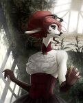  anthro bodice cervid clothing detailed_background dress female fur hair heather_greenmire hi_res horn mammal nails natalie_de_corsair plant red_eyes red_hair sharp_nails solo white_body white_fur 