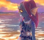  animal_humanoid blue_body blue_skin clothing dress ear_piercing ear_ring female fin fish fish_humanoid gem gills hair hair_over_eye hi_res humanoid jewelry looking_at_viewer marine marine_humanoid necklace one_eye_obstructed pearl_(gem) pearl_necklace piercing pipitasout ponytail red_hair sea solo undertale undertale_(series) undyne video_games water yellow_sclera 