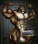  abs anthro areola balls benji_(character) biceps big_balls big_muscles biped bound chain chained clouded_leopard digital_media_(artwork) ear_piercing eyebrows felid fist fur genitals half-erect hi_res huge_muscles huge_thighs humanoid_genitalia humanoid_penis injection machine mainlion male mammal milking_machine muscular muscular_anthro muscular_male navel nipples nude open_mouth pantherine pecs penile penis penis_milking penis_milking_machine piercing quads radiation_symbol solo standing symbol syringe tan_body tan_fur teeth thick_thighs vein veiny_penis wrist_cuff 