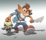  activision anthro bandicoot black_hair black_nose brown_hair cosplay crash_bandicoot crash_bandicoot_(series) crossover death doctor_neo_cortex fur gore green_eyes hair hi_res james_earl_cash machete male mammal manhunt marsupial melee_weapon open_mouth orange_body orange_fur playstation solo sony_corporation sony_interactive_entertainment tongue tongue_out unknown_artist video_games weapon yellow_body yellow_skin 