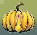  2021 absurd_res anus backsack balls dated food fruit genitals gradient_background halloween hi_res holidays inanimate_object juwunipur male perineum pink_anus plant pumpkin pumpkin_butt simple_background 