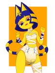  animal_crossing ankha_(animal_crossing) anthro bandage bodily_fluids diaper domestic_cat felid feline felis female genital_fluids hi_res looking_at_crotch looking_pleasured mammal nintendo octojo peeing raised_arms smile snake_hood solo standing urine video_games wet_diaper wetting white_diaper 