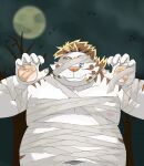  2021 anthro band-aid bandage belly blue_eyes felid halloween halloween_costume hi_res holidays humanoid_hands kemono licho_(tas) lifewonders male mammal moobs moon mummy_costume navel night nipples outside overweight overweight_male pantherine shirokuma_210 solo tiger tokyo_afterschool_summoners video_games white_body 