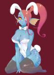  animal_humanoid blue_body blue_skin blush bow_tie breasts bunny_costume cleavage clothed clothing costume eye_patch eyewear fake_ears fake_rabbit_ears female fin fish fish_humanoid hair humanoid kneeling legwear looking_at_viewer marine marine_humanoid pipitasout ponytail pupils red_hair scut_tail short_tail simple_background slit_pupils solo stockings undertale_(series) undyne yellow_sclera 