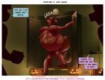  absurd_res belly big_belly burping clothing costume demon english_text felid female female_pred female_prey halloween hi_res holding_belly holidays james_howard mammal oral_vore pantherine party serona_shea text tiger vore wide_hips 
