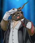  2021 anthro black_nose blush brown_body canid canine canis clothing cute_fangs domestic_dog hi_res humanoid_hands kemono lifewonders male mammal overweight overweight_male scar shirt solo tokyo_afterschool_summoners topwear video_games yasuyori yuuh1212 