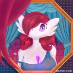  1:1 2021 absurd_res bed breasts cleavage clothed clothing detailed_background divifilly female furniture gardevoir hair hi_res humanoid long_hair nintendo not_furry pillow pok&eacute;mon pok&eacute;mon_(species) purple_eyes red_hair signature smile video_games 