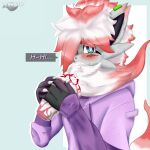  1:1 2021 ambiguous_gender anthro beverage blue_background blue_eyes blush chest_tuft claws clothing dennhaze dialogue ear_piercing english_text food fur grey_body grey_fur hi_res hisuian_zoroark holding_food holding_object multicolored_body multicolored_fur nintendo piercing pok&eacute;mon pok&eacute;mon_(species) pokemon_legends_arceus red_body red_fur regional_form_(pok&eacute;mon) signature simple_background text tuft two_tone_body two_tone_fur video_games 